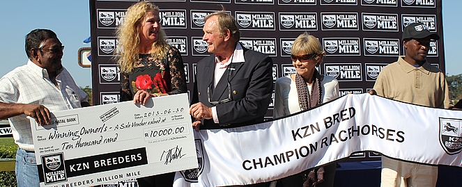 Jill Fox of The Fort Stud with the winning owners of the third race. Image: Michael Marnewick