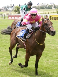 Raving Queen, winning at Clairwood at the end of January, in the Muir's colours - the same that Ravishing carried to victory in the Gr 1 SA Derby. Image: Gold Circle