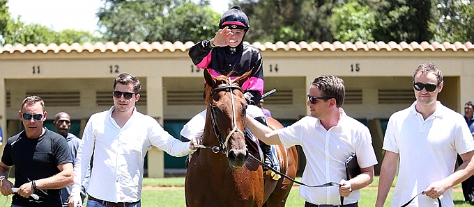 Winning part-owners 3A Racing Syndicate leading in Royal Pleasure on her brilliant debut win. Image: Gold Circle