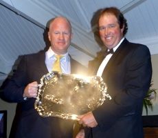 Tom Callaghan of the TBA handing over the KZN Breeders Stallion Of The Year Award to Warwick Render for Kahal, owned by Shadwell Stud. Image: Taryn Crawford