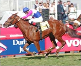 Fort Vogue winning the Campanjo 2200 Grade 3 on Vodacom Durban July day, 2011: image: Gold Circle.