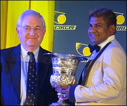Owner Alesh Naidoo collecting the inaugural Roy Eckstein KZN Racing Personality of the Year floating trophy. Image: Ashley De Klerk