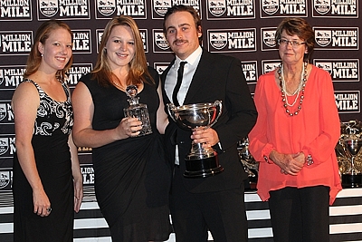 Jessica Hampton and Alex Hohne collecting the award on behalf of Guy Murdoch for Futura, winner of KZN Breeders Outstanding Middle Distance Male on Saturday evening. Image: Candiese Marnewick