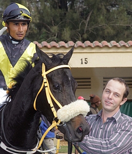 Lady De Winter after her first win, with trainer Wayne Badenhorst. Image: Gold Circle