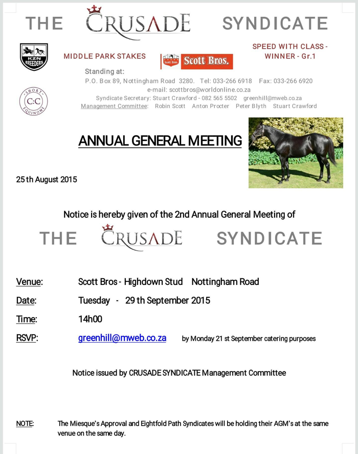 Notice Of AGM For The Crusade Syndicate
