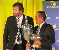 Paul Lafferty handing over the trophies to Mike De Kock's assistant trainer in Summerveld, Nathan Kotzen. Image: Ashley De Klerk