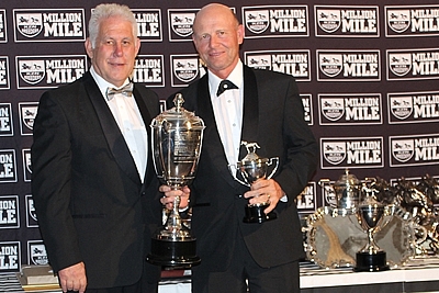 Koos De Klerk handing over the trophy for Freshman Sire at the KZN Breeders Awards for Fort Beluga to Bruce Le Roux. Photo: Candiese Marnewick